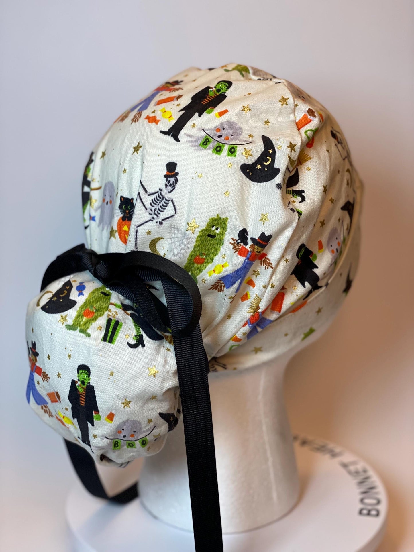 Rifle Paper Co Halloween parade fabric scrub cap, trick or treat Halloween ponytail scrub hat