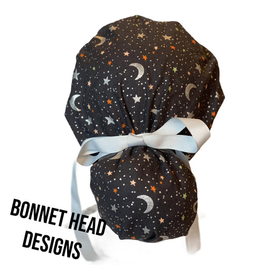 Rifle Paper Co Halloween moon and stars fabric scrub cap, metallic silver moon and stars ponytail scrub hat