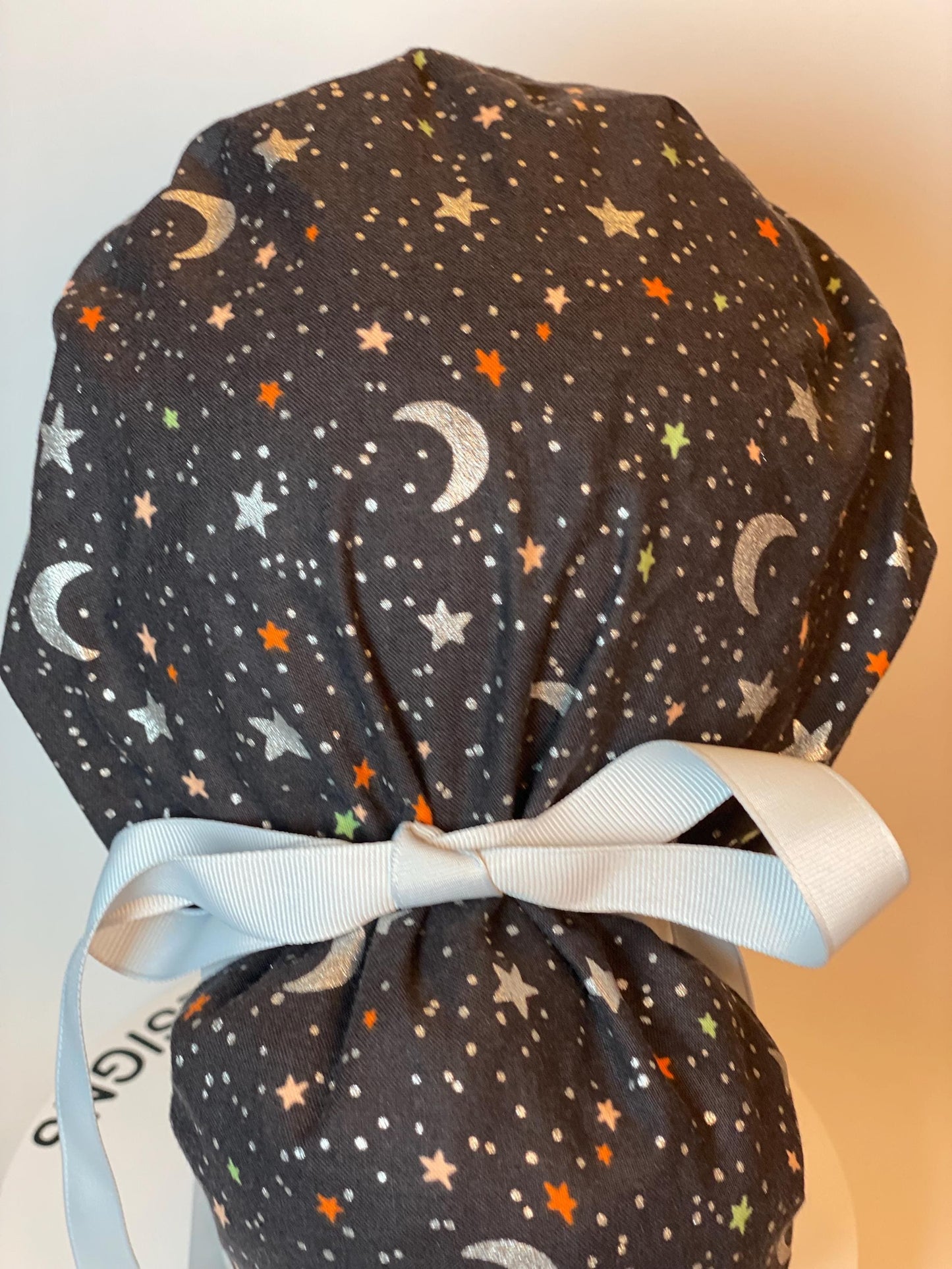 Rifle Paper Co Halloween moon and stars fabric scrub cap, metallic silver moon and stars ponytail scrub hat