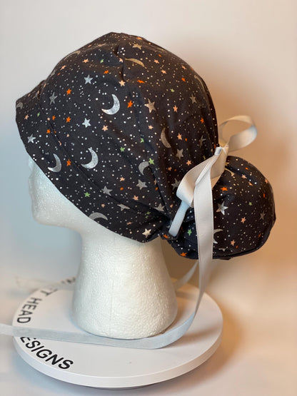 Rifle Paper Co Halloween moon and stars fabric scrub cap, metallic silver moon and stars ponytail scrub hat