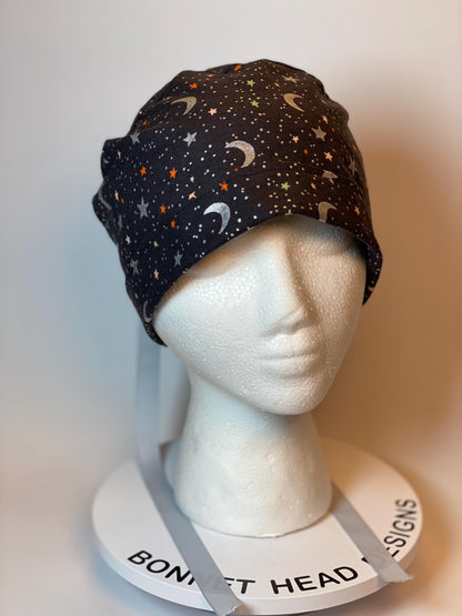 Rifle Paper Co Halloween moon and stars fabric scrub cap, metallic silver moon and stars ponytail scrub hat