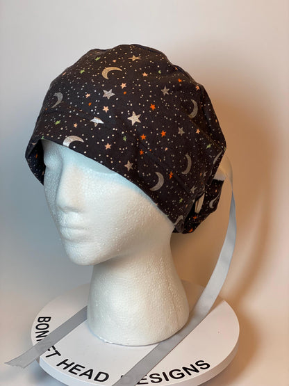 Rifle Paper Co Halloween moon and stars fabric scrub cap, metallic silver moon and stars ponytail scrub hat