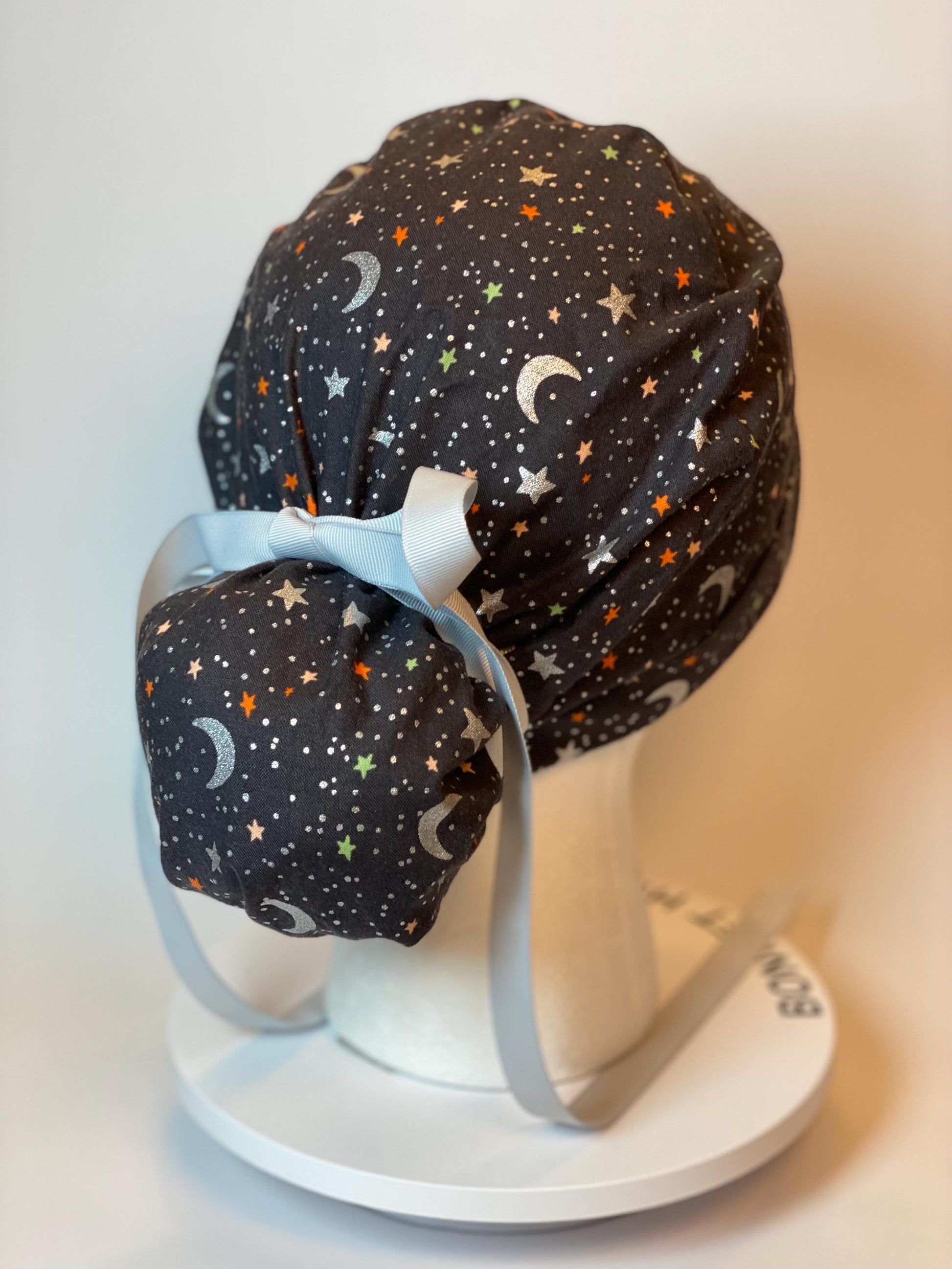 Rifle Paper Co Halloween moon and stars fabric scrub cap, metallic silver moon and stars ponytail scrub hat