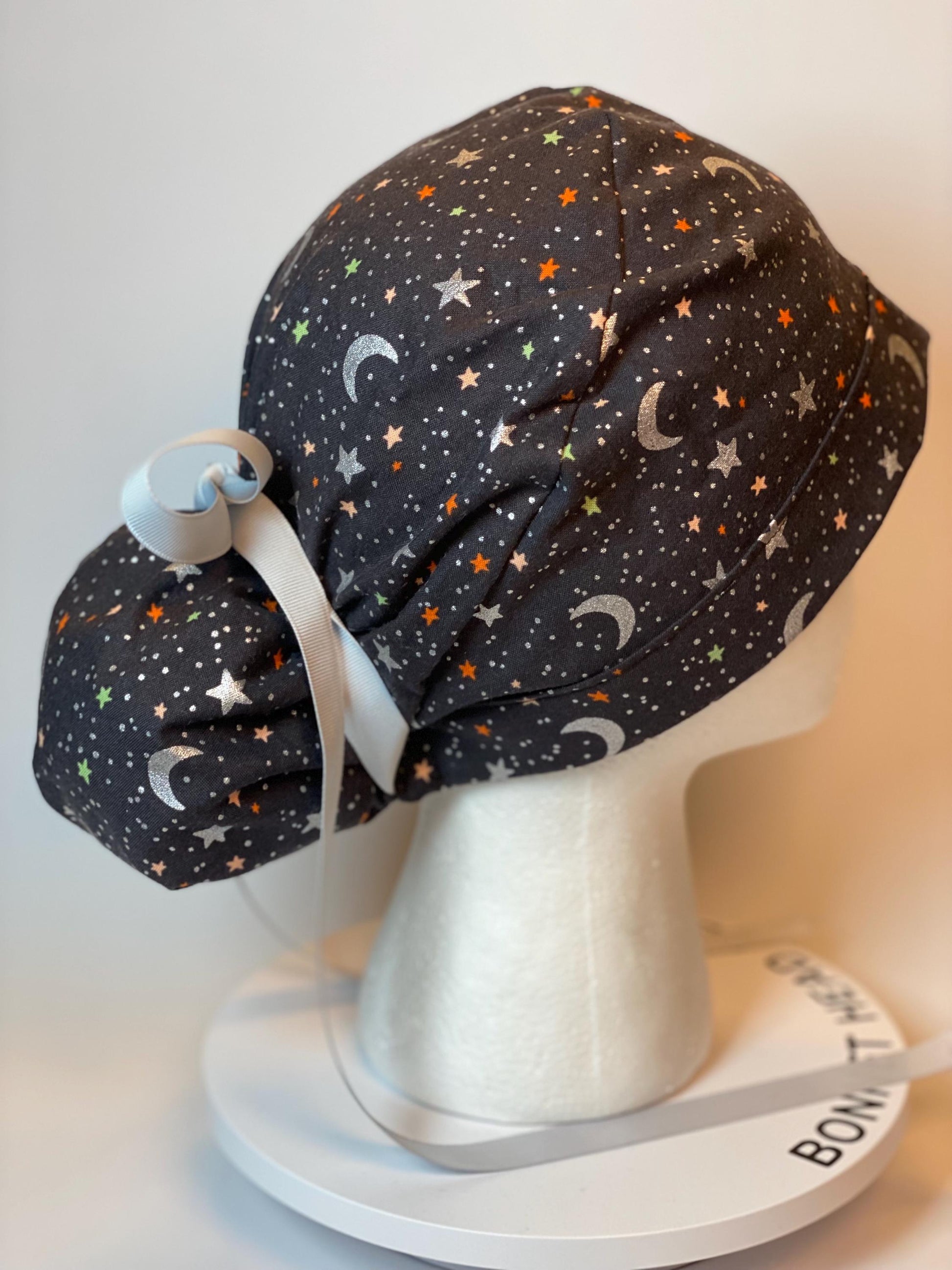 Rifle Paper Co Halloween moon and stars fabric scrub cap, metallic silver moon and stars ponytail scrub hat