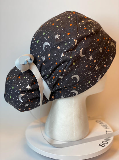 Rifle Paper Co Halloween moon and stars fabric scrub cap, metallic silver moon and stars ponytail scrub hat