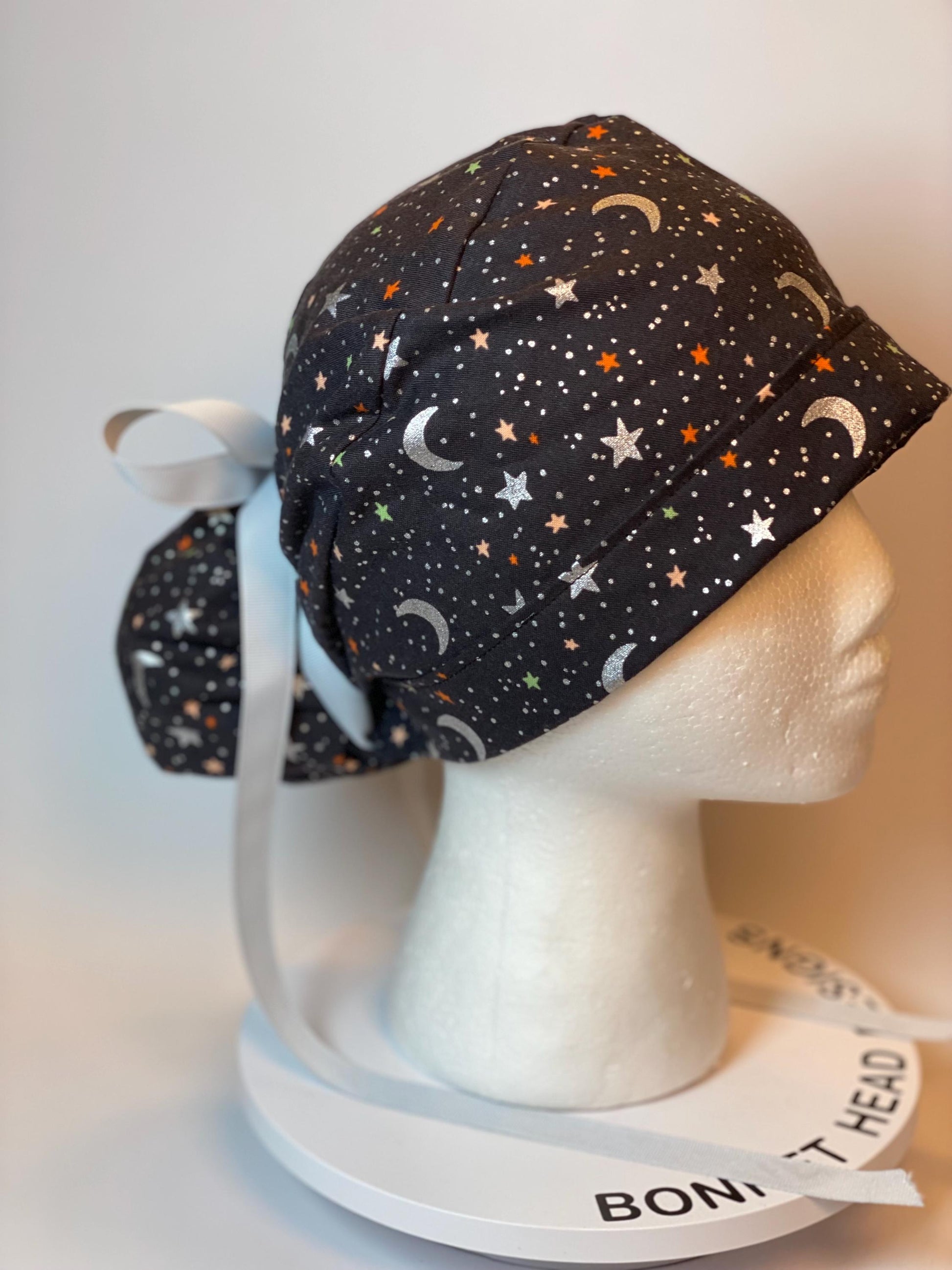 Rifle Paper Co Halloween moon and stars fabric scrub cap, metallic silver moon and stars ponytail scrub hat