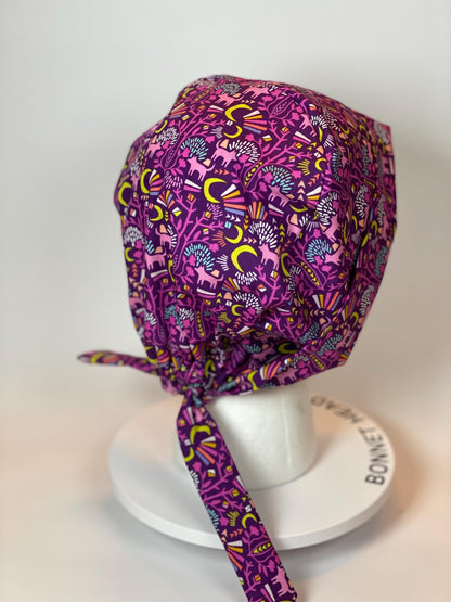 Midnight in Moonlight women’s tieback scrub cap, purple wolf pixie scrub cap, Bonnet Head Designs