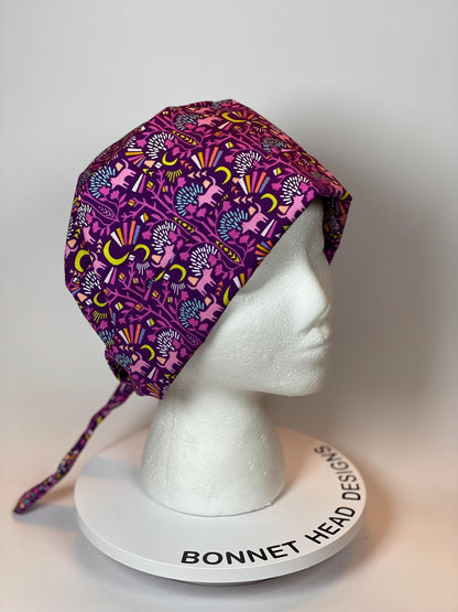 Midnight in Moonlight women’s tieback scrub cap, purple wolf pixie scrub cap, Bonnet Head Designs