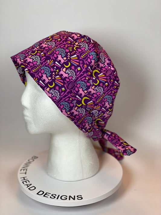 Midnight in Moonlight women’s tieback scrub cap, purple wolf pixie scrub cap, Bonnet Head Designs