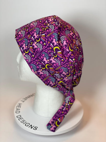 Midnight in Moonlight women’s tieback scrub cap, purple wolf pixie scrub cap, Bonnet Head Designs