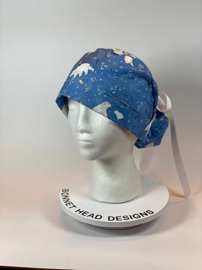 Winter scrub cap with penguins and polar bears, ponytail scrub hat polar bears, Bonnet Head Designs