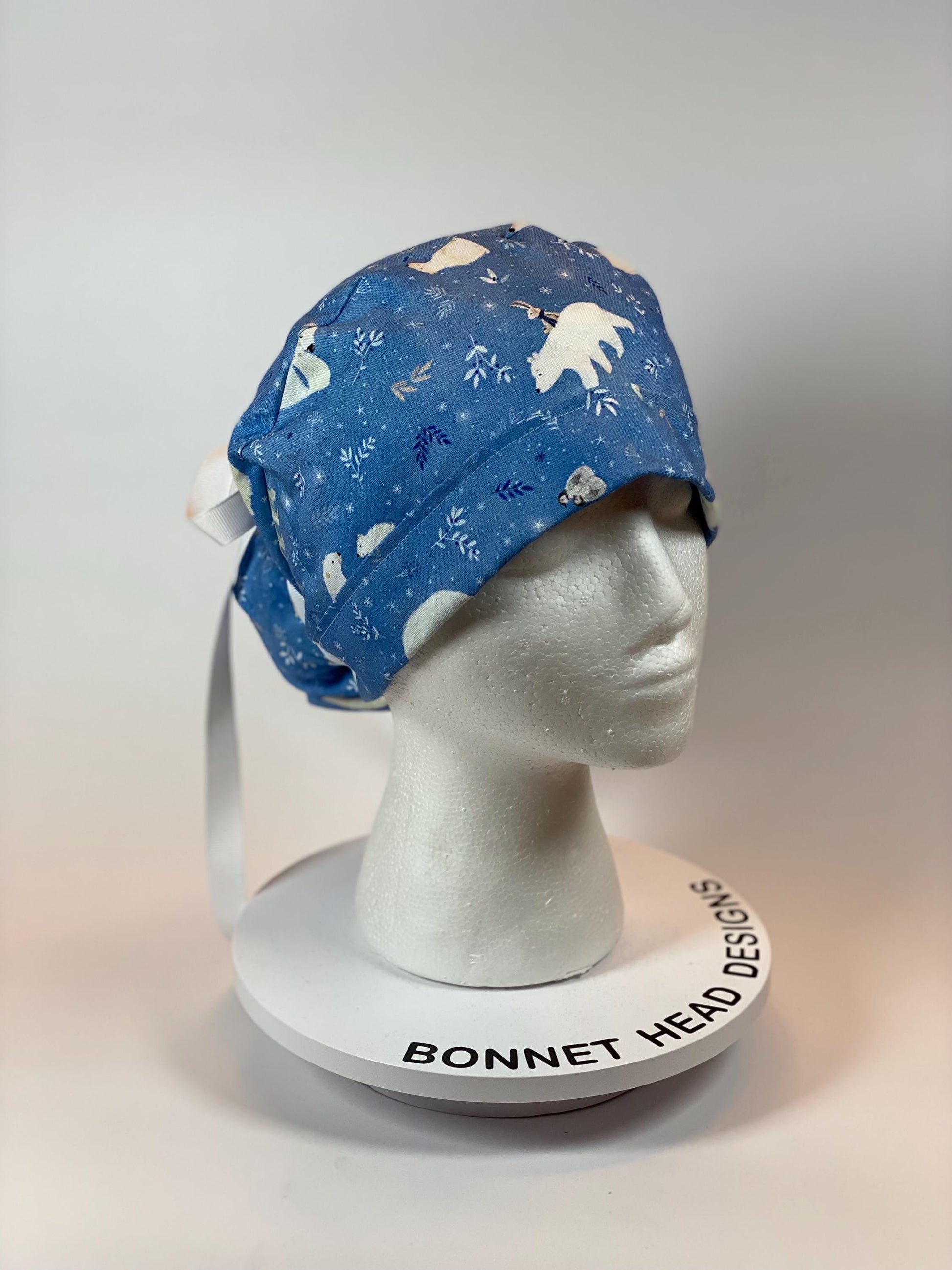 Winter scrub cap with penguins and polar bears, ponytail scrub hat polar bears, Bonnet Head Designs