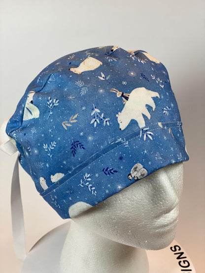 Winter scrub cap with penguins and polar bears, ponytail scrub hat polar bears, Bonnet Head Designs