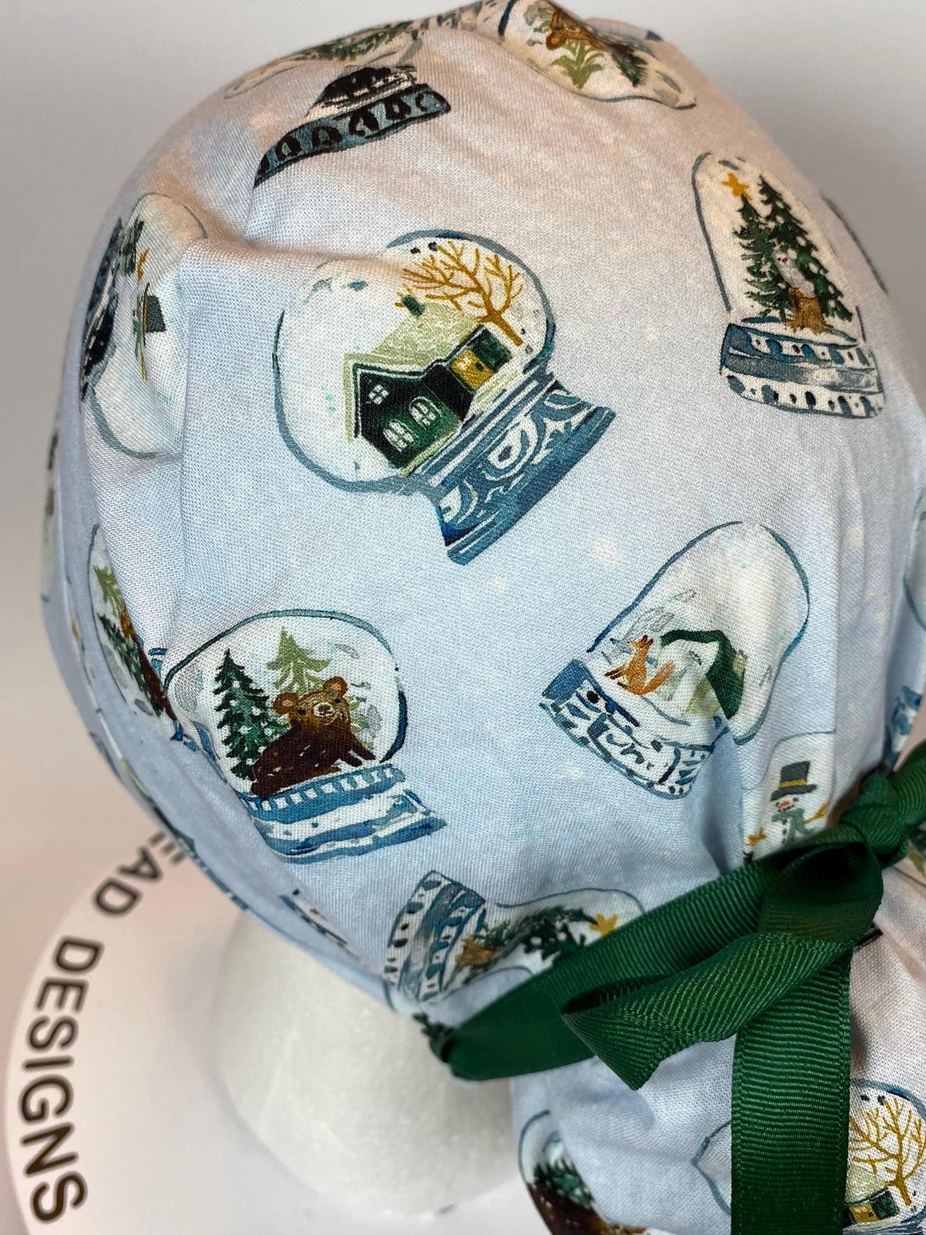 Snow globe scrub cap, winter scrub hat, holiday print scrub cap, scrub cap Christmas, Bonnet Head Designs