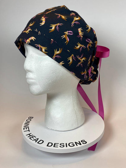 Navy winter reindeer ponytail scrub cap, Christmas reindeer women’s scrub hat, Bonnet Head Designs