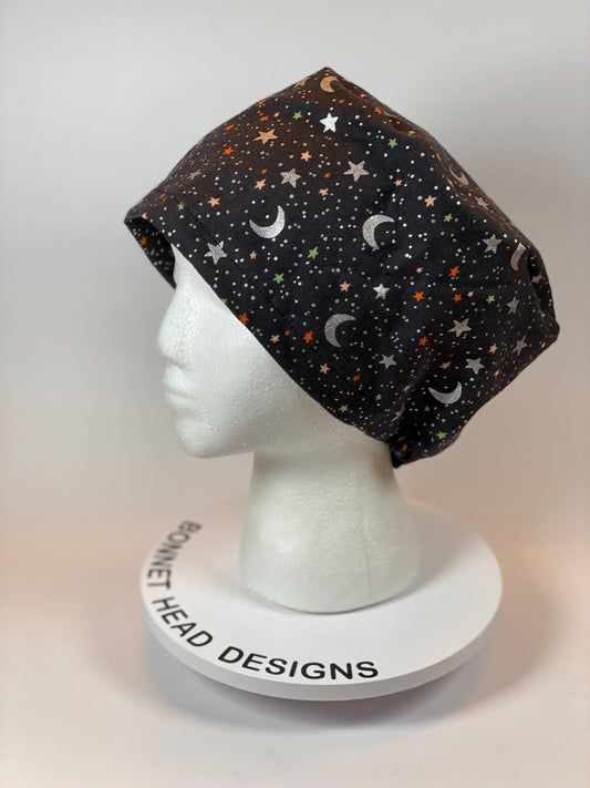 Rifle Paper Co Halloween moon and stars euro style scrub cap, metallic silver moon and stars toggle euro scrub hat