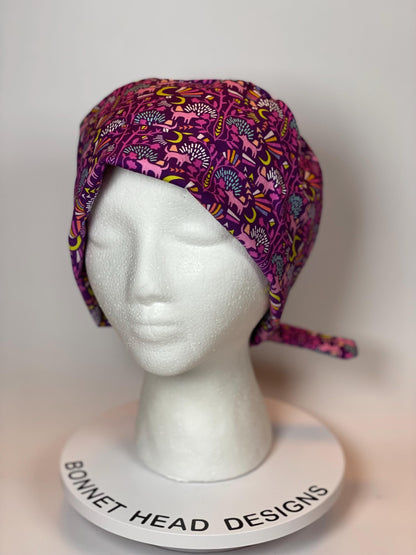 Midnight in Moonlight women’s tieback scrub cap, purple wolf pixie scrub cap, Bonnet Head Designs