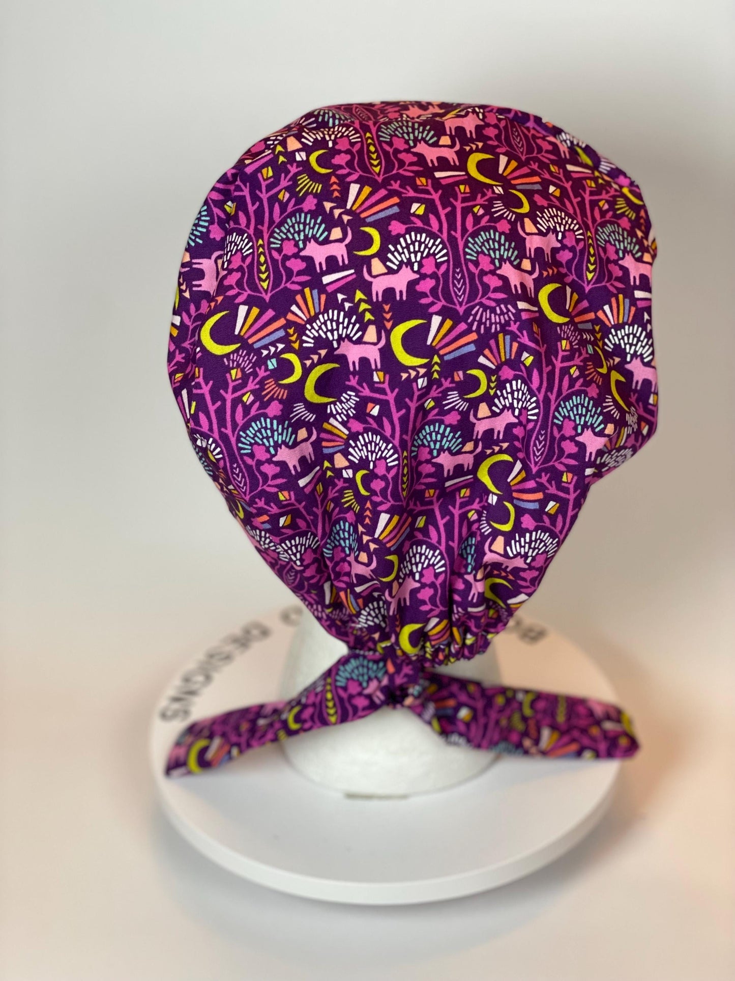 Midnight in Moonlight women’s tieback scrub cap, purple wolf pixie scrub cap, Bonnet Head Designs