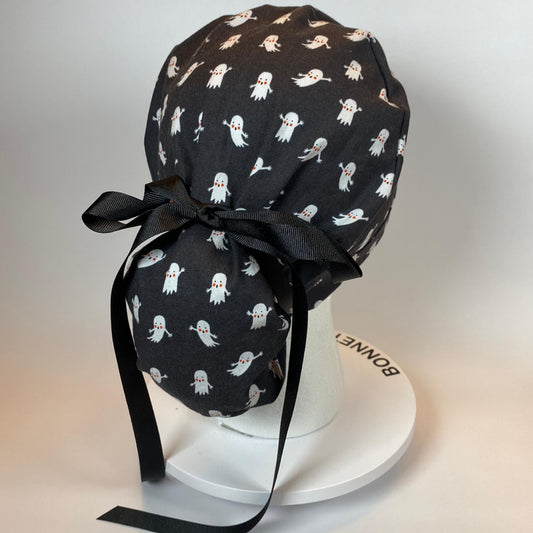 Rifle Paper Co ghost print Halloween ponytail scrub cap, black and white ghost print scrub hat, Bonnet Head Designs