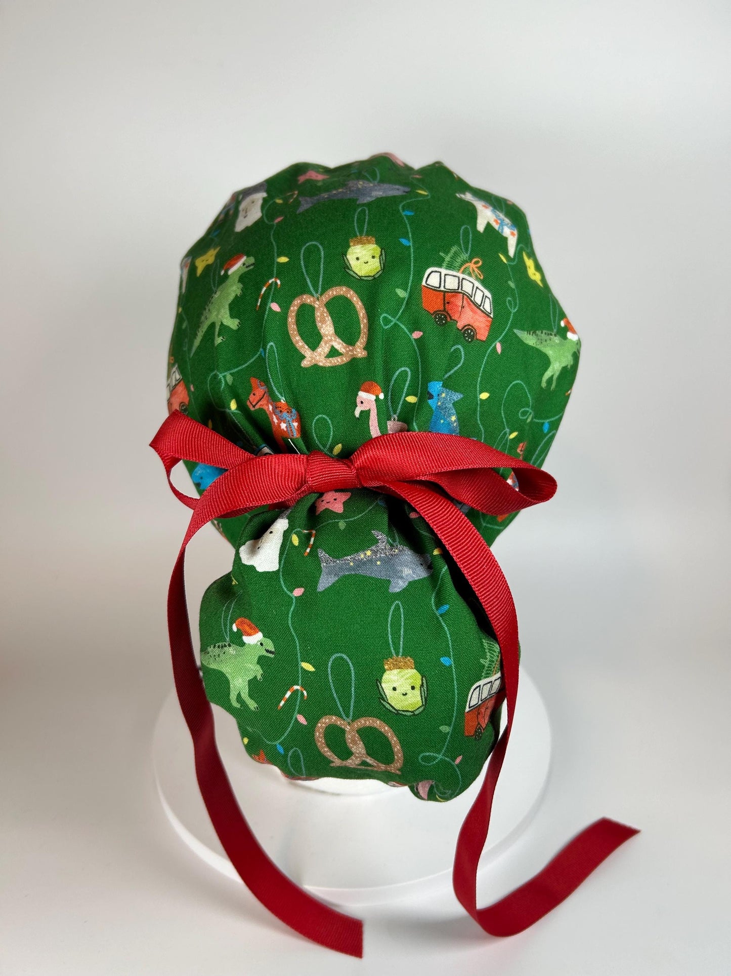 Green Christmas ornaments women’s scrub cap, women’s dinosaurs christmas ponytail scrub hat