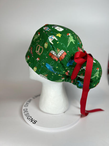 Green Christmas ornaments women’s scrub cap, women’s dinosaurs christmas ponytail scrub hat