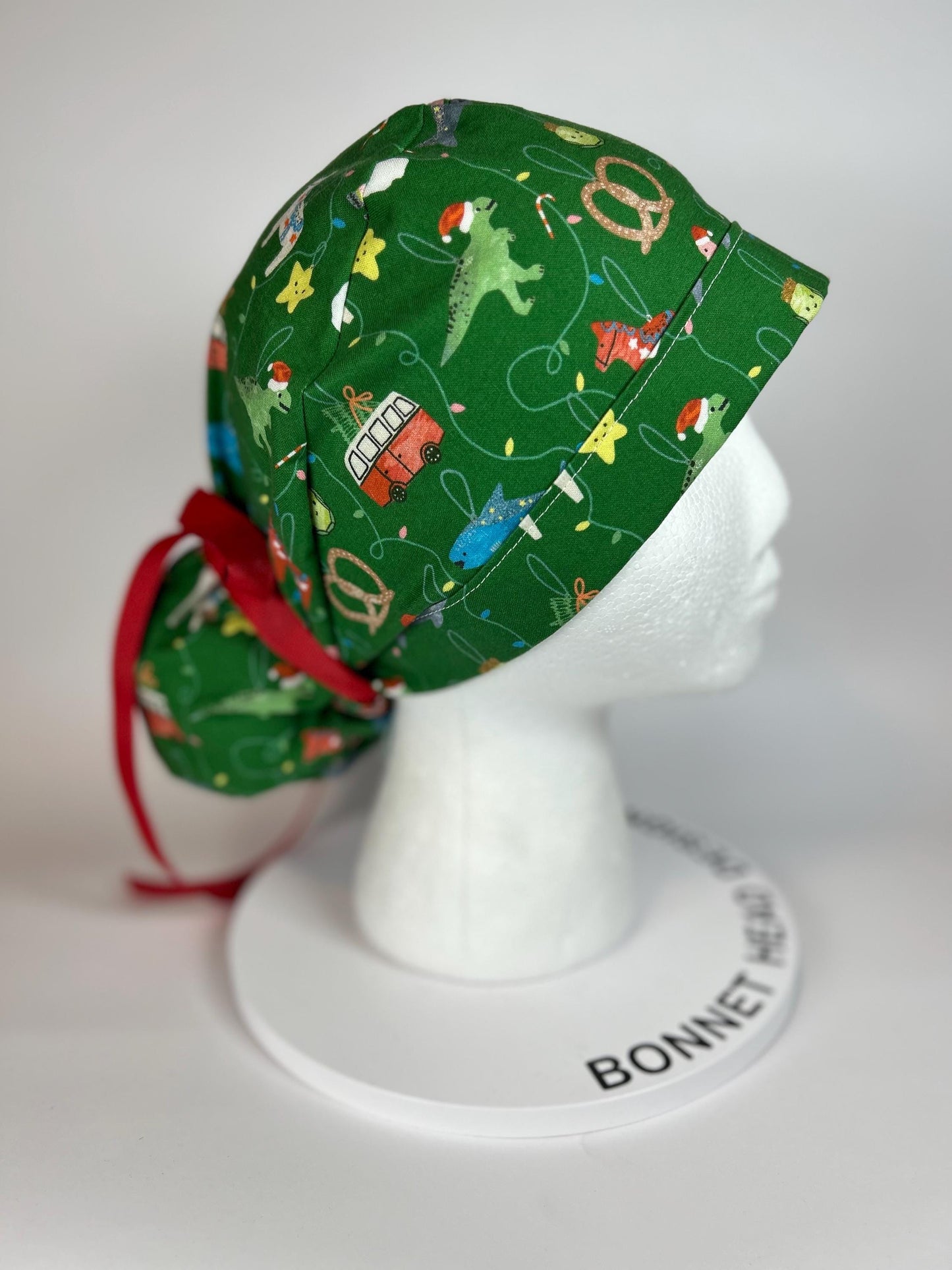 Green Christmas ornaments women’s scrub cap, women’s dinosaurs christmas ponytail scrub hat