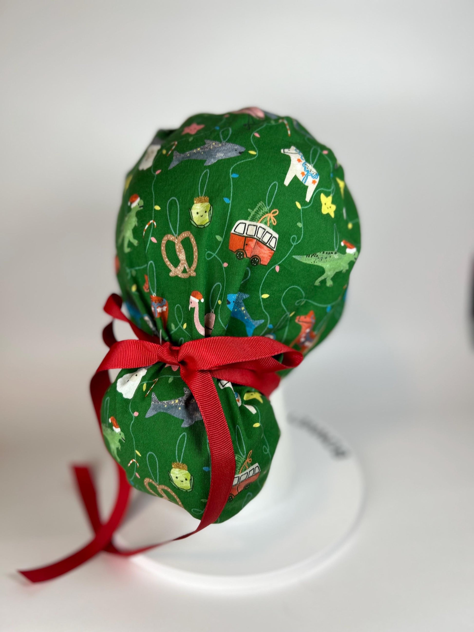Green Christmas ornaments women’s scrub cap, women’s dinosaurs christmas ponytail scrub hat