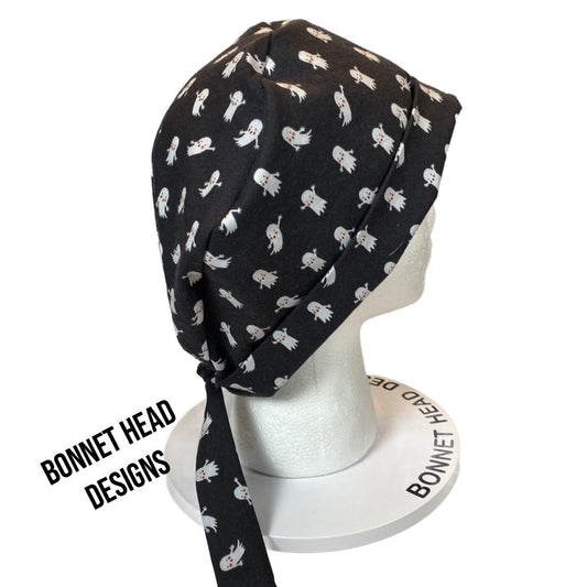 Rifle Paper Co ghost print Halloween tie back scrub cap, black and white ghost print pixie style scrub hat, Bonnet Head Designs