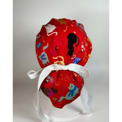 Christmas holiday cats ponytail scrub cap, women’s cat print scrub hat, Bonnet Head Designs