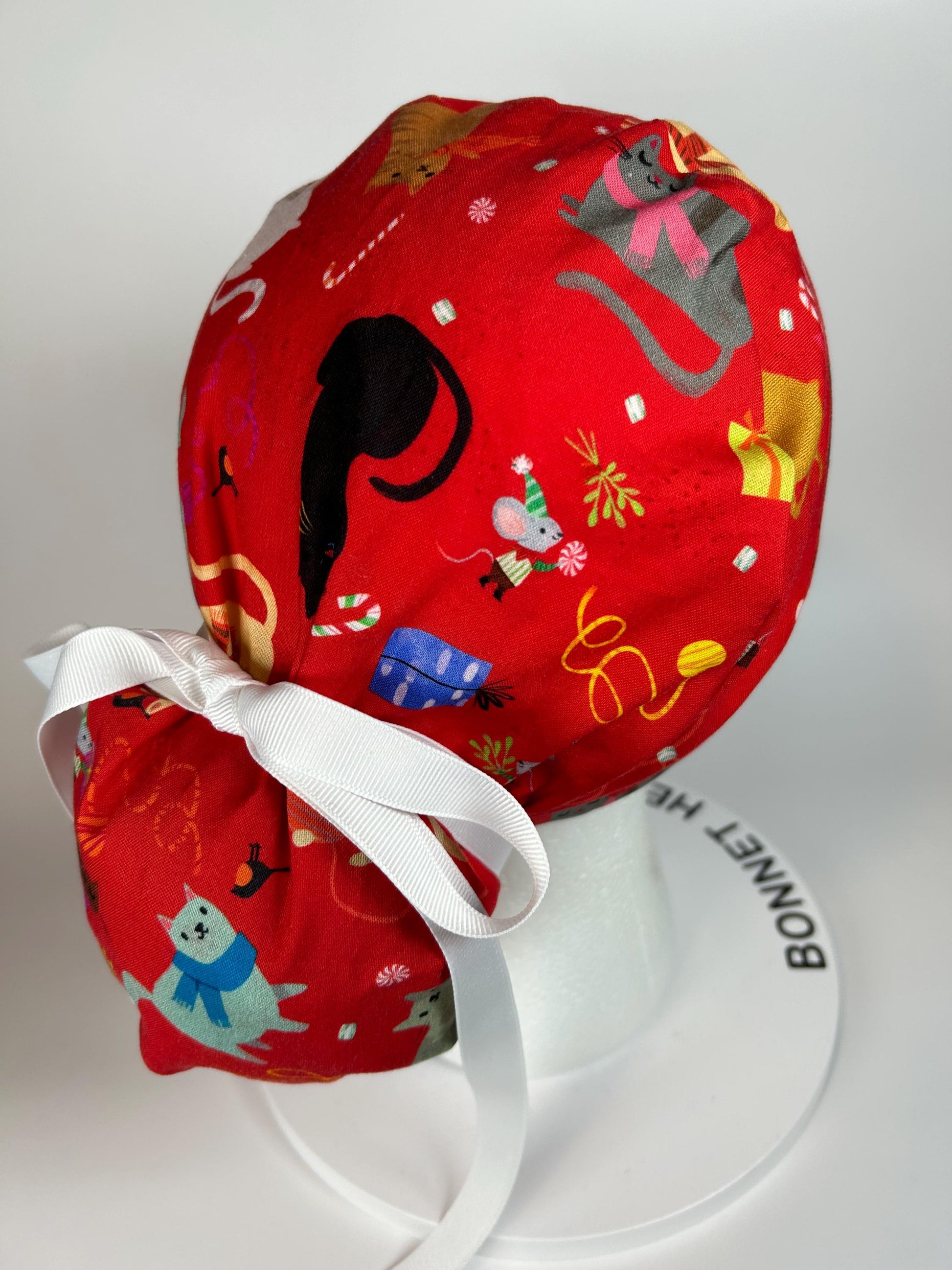 Christmas holiday cats ponytail scrub cap, women’s cat print scrub hat, Bonnet Head Designs