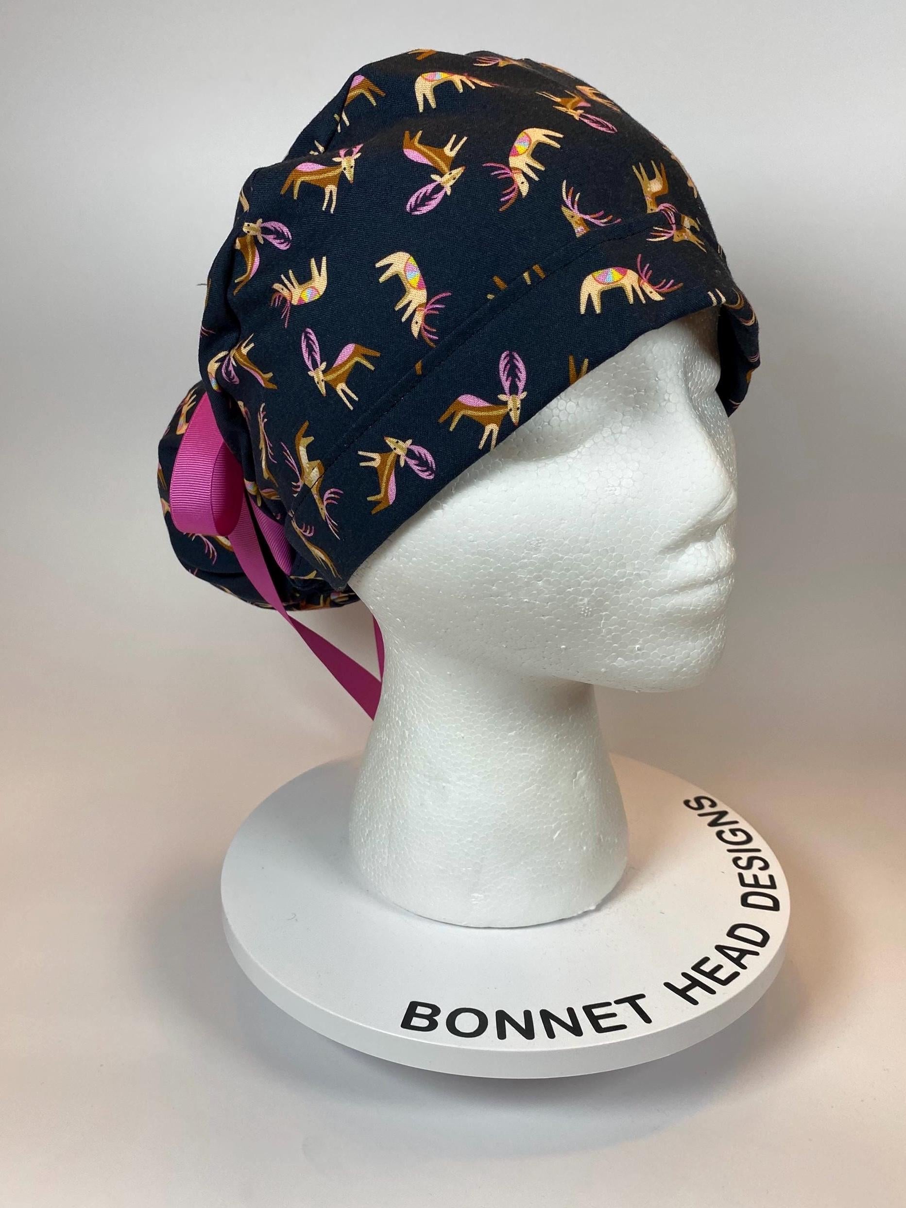 Navy winter reindeer ponytail scrub cap, Christmas reindeer women’s scrub hat, Bonnet Head Designs