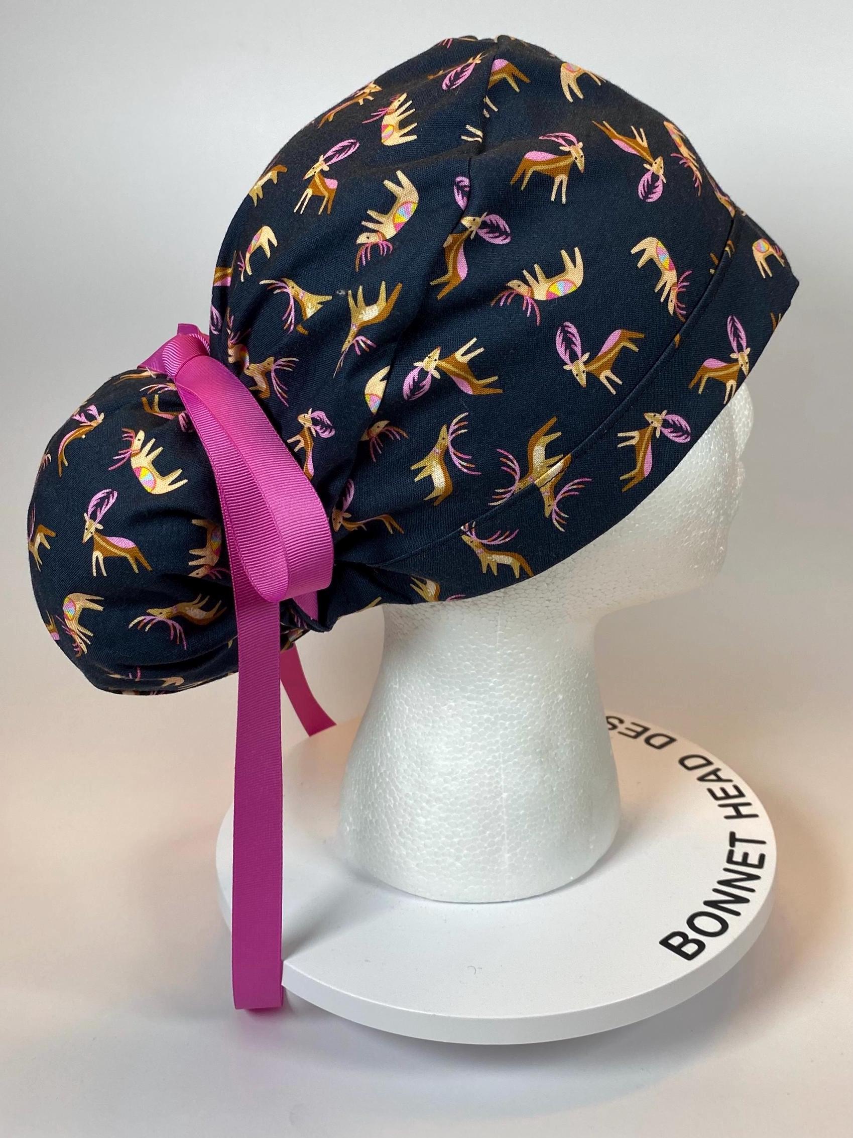 Navy winter reindeer ponytail scrub cap, Christmas reindeer women’s scrub hat, Bonnet Head Designs