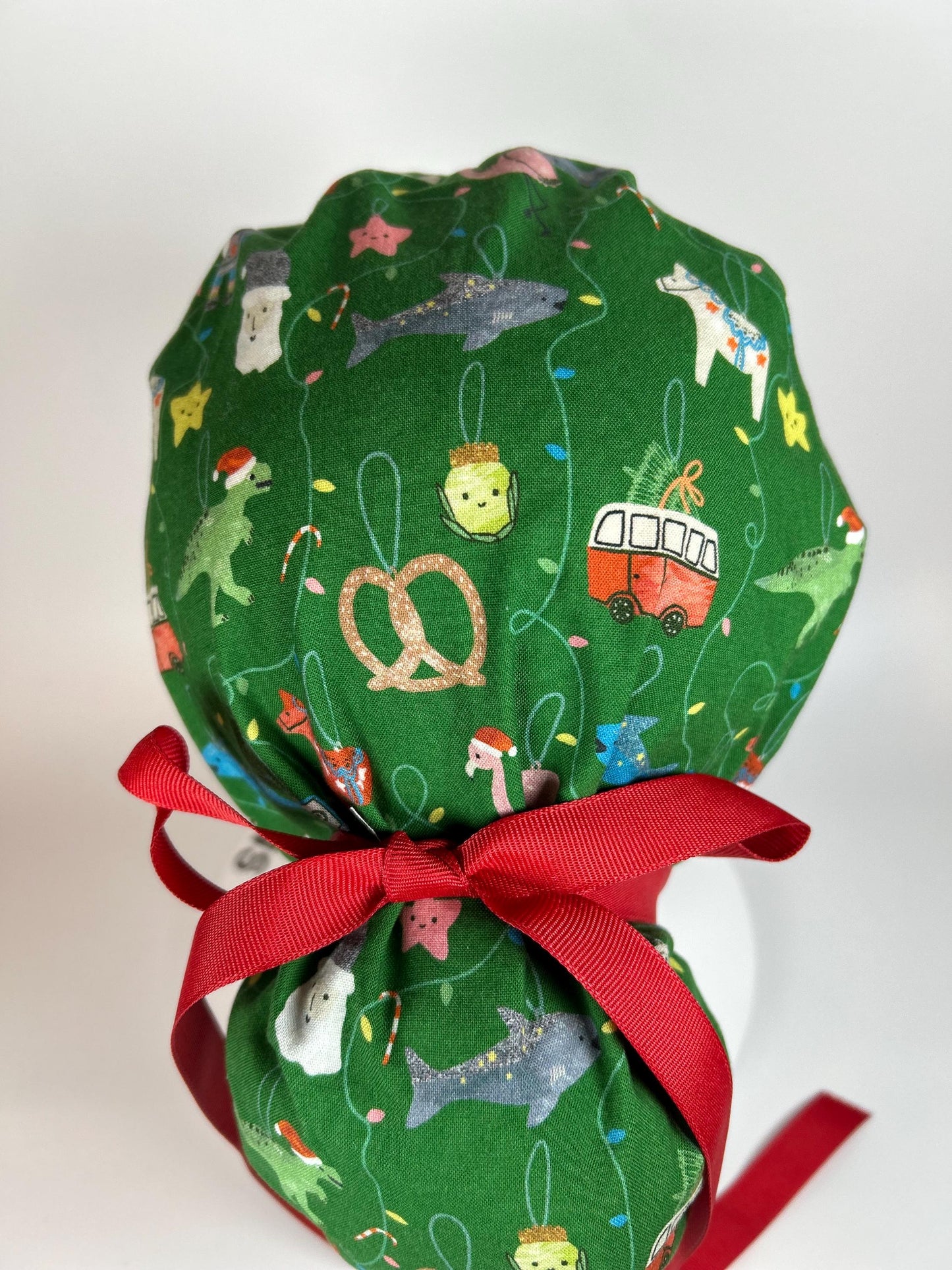 Green Christmas ornaments women’s scrub cap, women’s dinosaurs christmas ponytail scrub hat