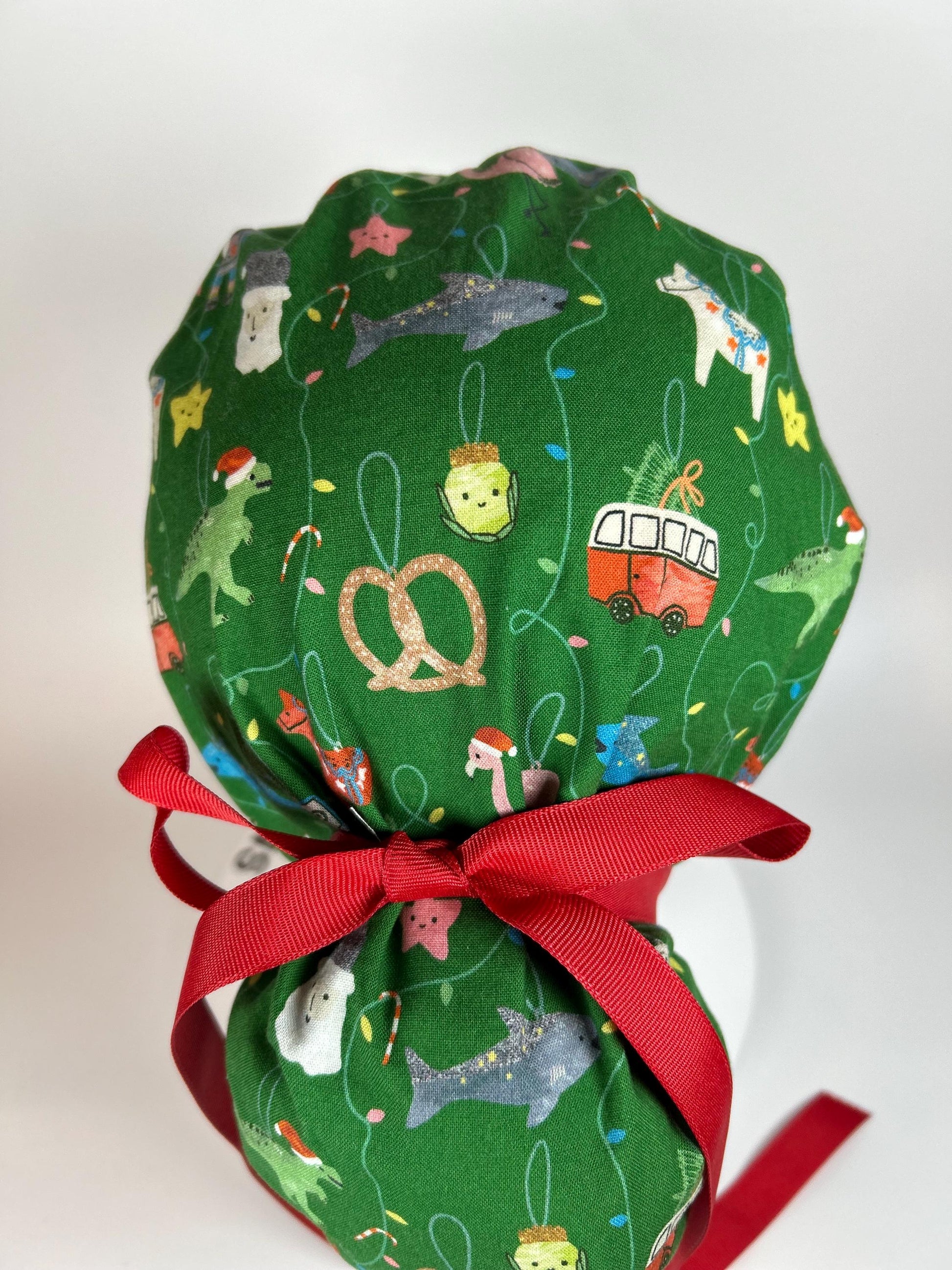 Green Christmas ornaments women’s scrub cap, women’s dinosaurs christmas ponytail scrub hat