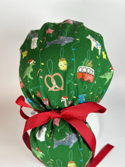 Green Christmas ornaments women’s scrub cap, women’s dinosaurs christmas ponytail scrub hat