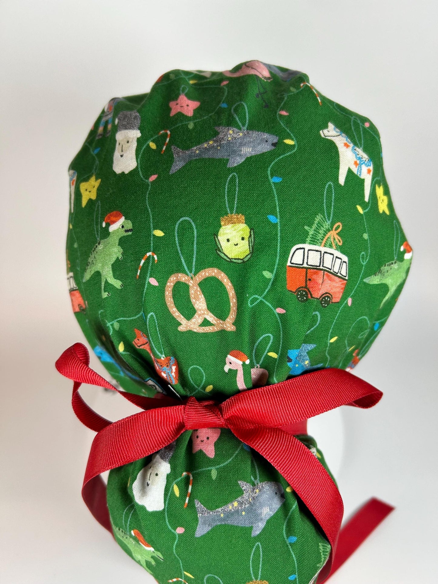 Green Christmas ornaments women’s scrub cap, women’s dinosaurs christmas ponytail scrub hat