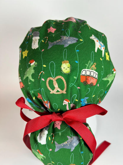 Green Christmas ornaments women’s scrub cap, women’s dinosaurs christmas ponytail scrub hat