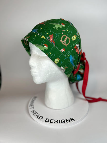 Green Christmas ornaments women’s scrub cap, women’s dinosaurs christmas ponytail scrub hat
