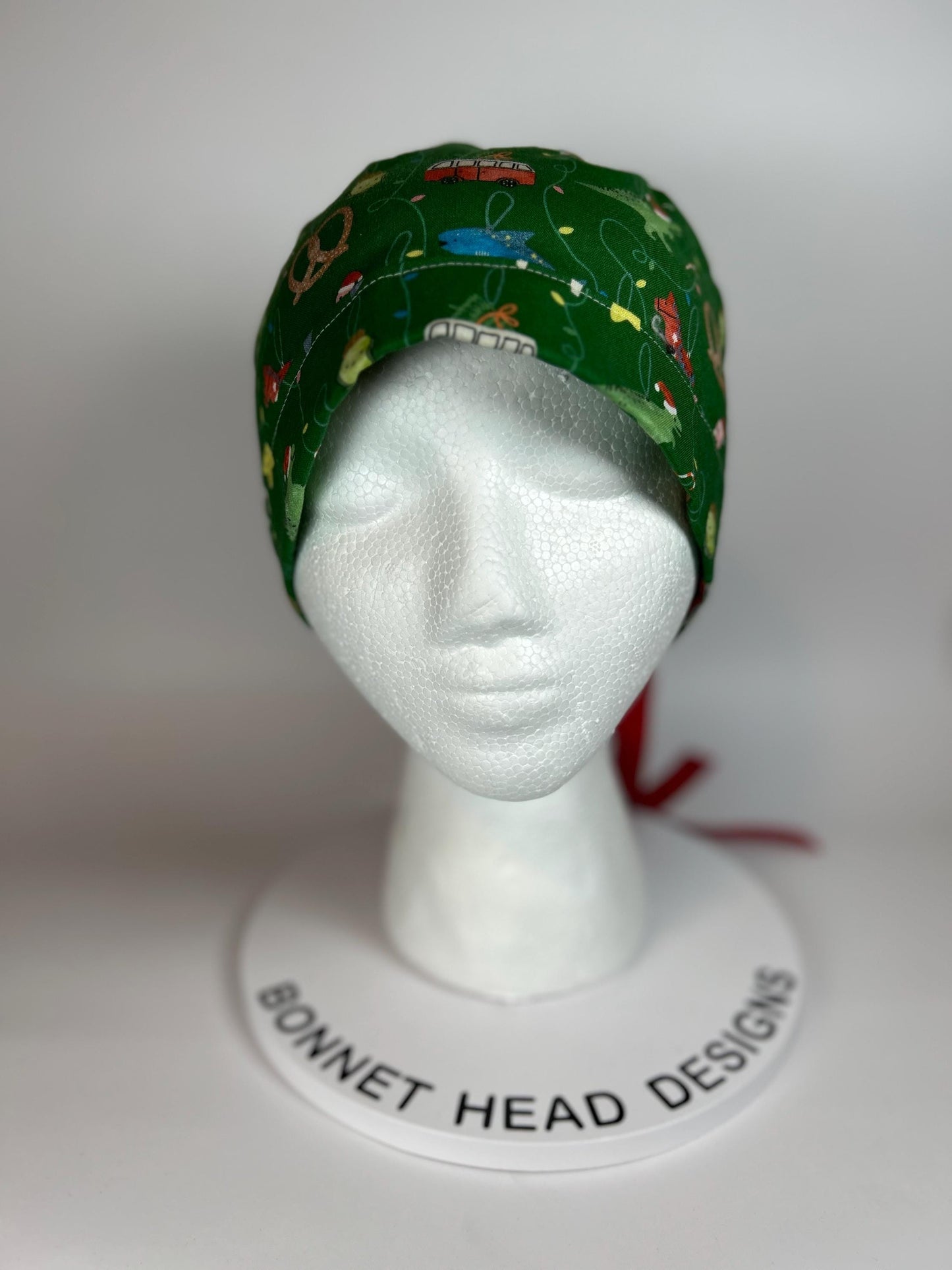 Green Christmas ornaments women’s scrub cap, women’s dinosaurs christmas ponytail scrub hat