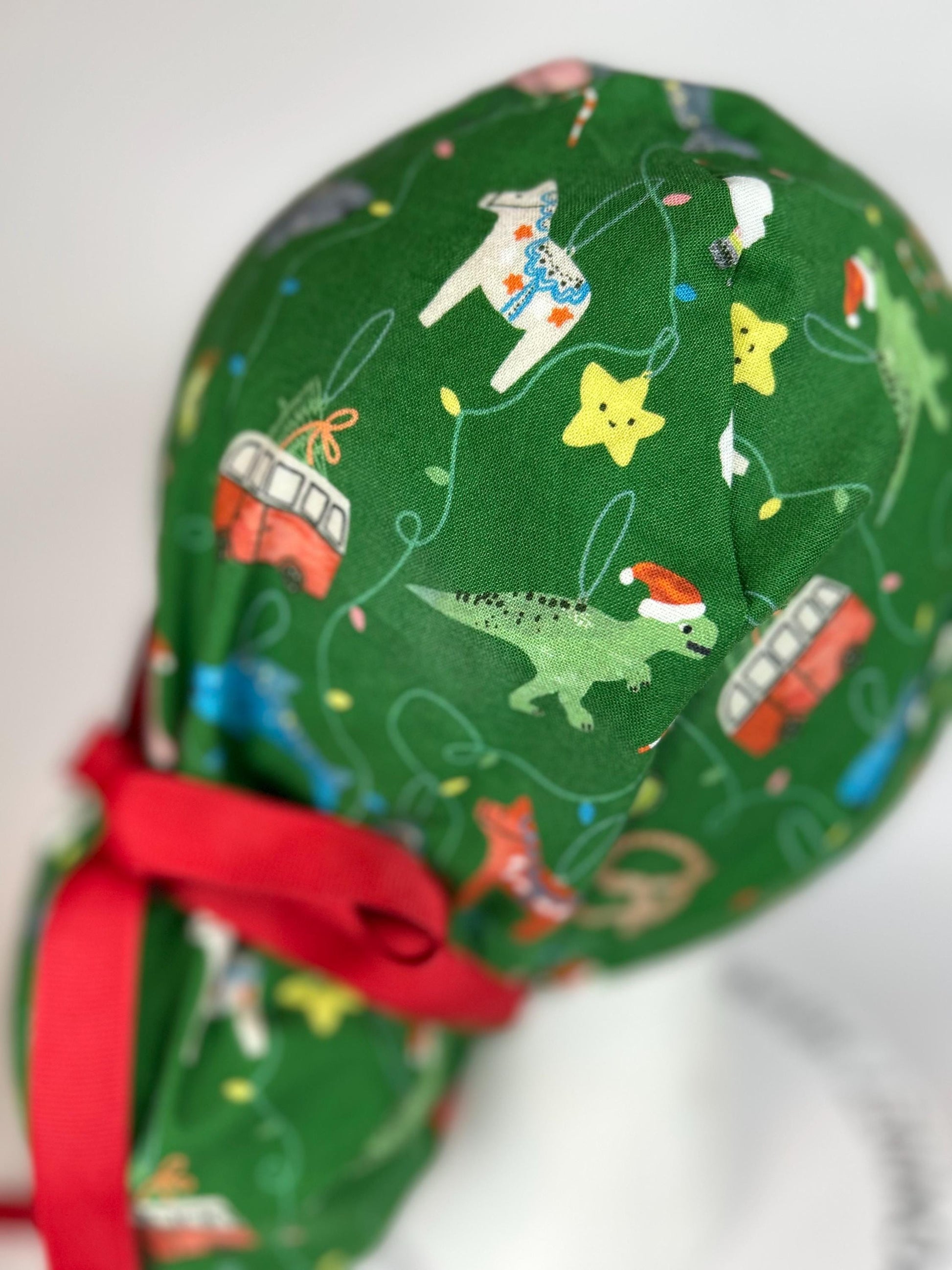 Green Christmas ornaments women’s scrub cap, women’s dinosaurs christmas ponytail scrub hat