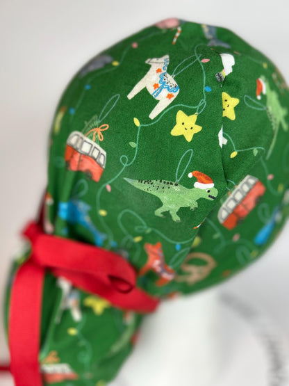 Green Christmas ornaments women’s scrub cap, women’s dinosaurs christmas ponytail scrub hat