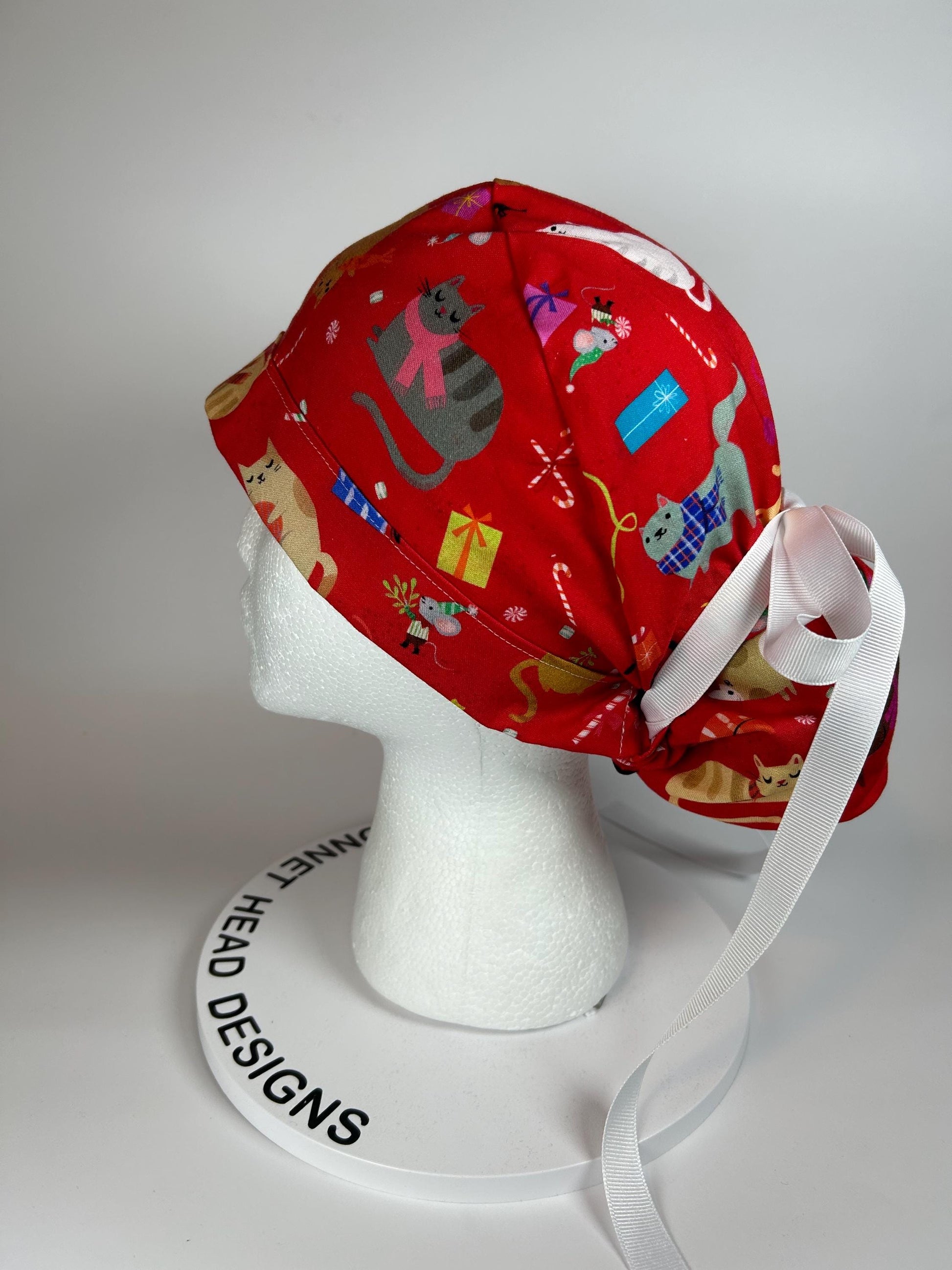 Christmas holiday cats ponytail scrub cap, women’s cat print scrub hat, Bonnet Head Designs