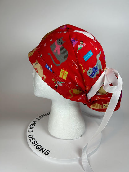 Christmas holiday cats ponytail scrub cap, women’s cat print scrub hat, Bonnet Head Designs