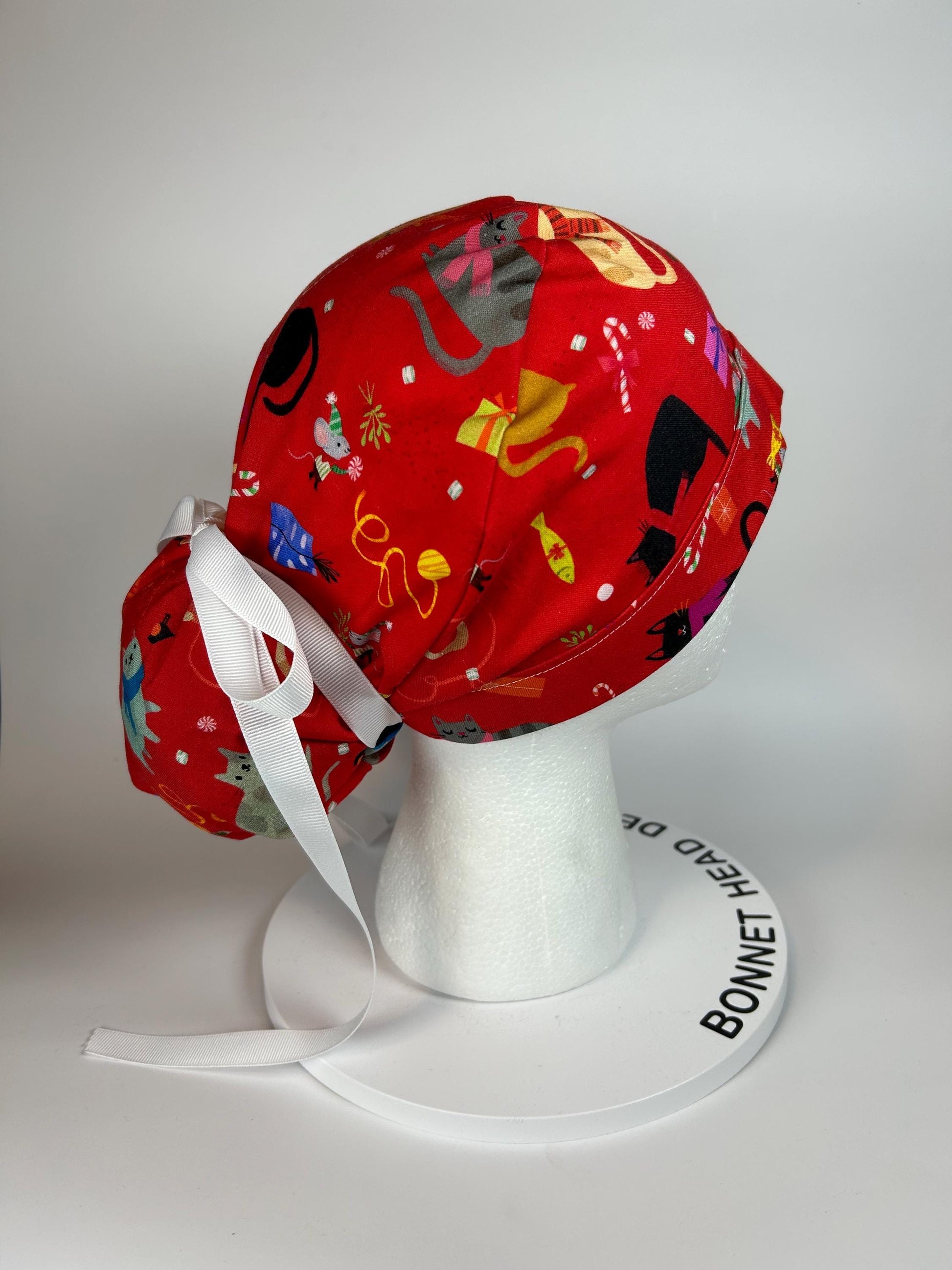 Christmas holiday cats ponytail scrub cap, women’s cat print scrub hat, Bonnet Head Designs