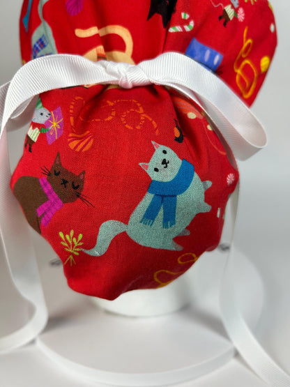 Christmas holiday cats ponytail scrub cap, women’s cat print scrub hat, Bonnet Head Designs