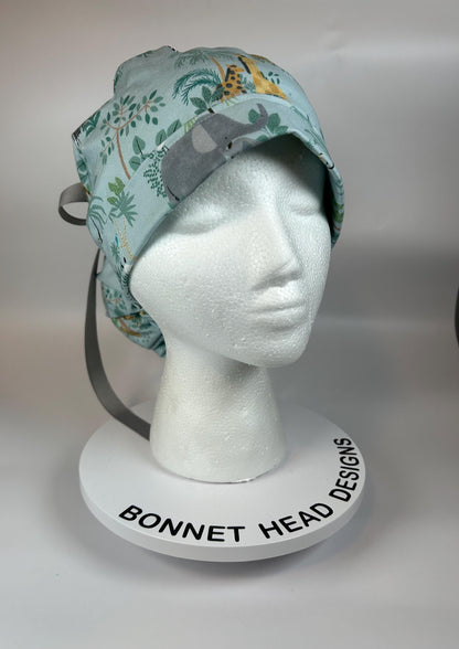 Jungle print ponytail scrub hat, jungle print surgical cap, Bonnet Head Designs