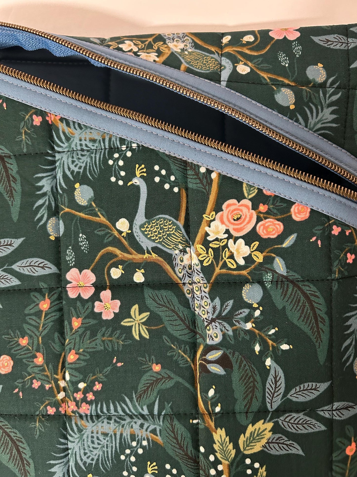 Rifle Paper Co peacock fabric soft tablet case with zipper, quilted book or iPad case metallic peacock fabric