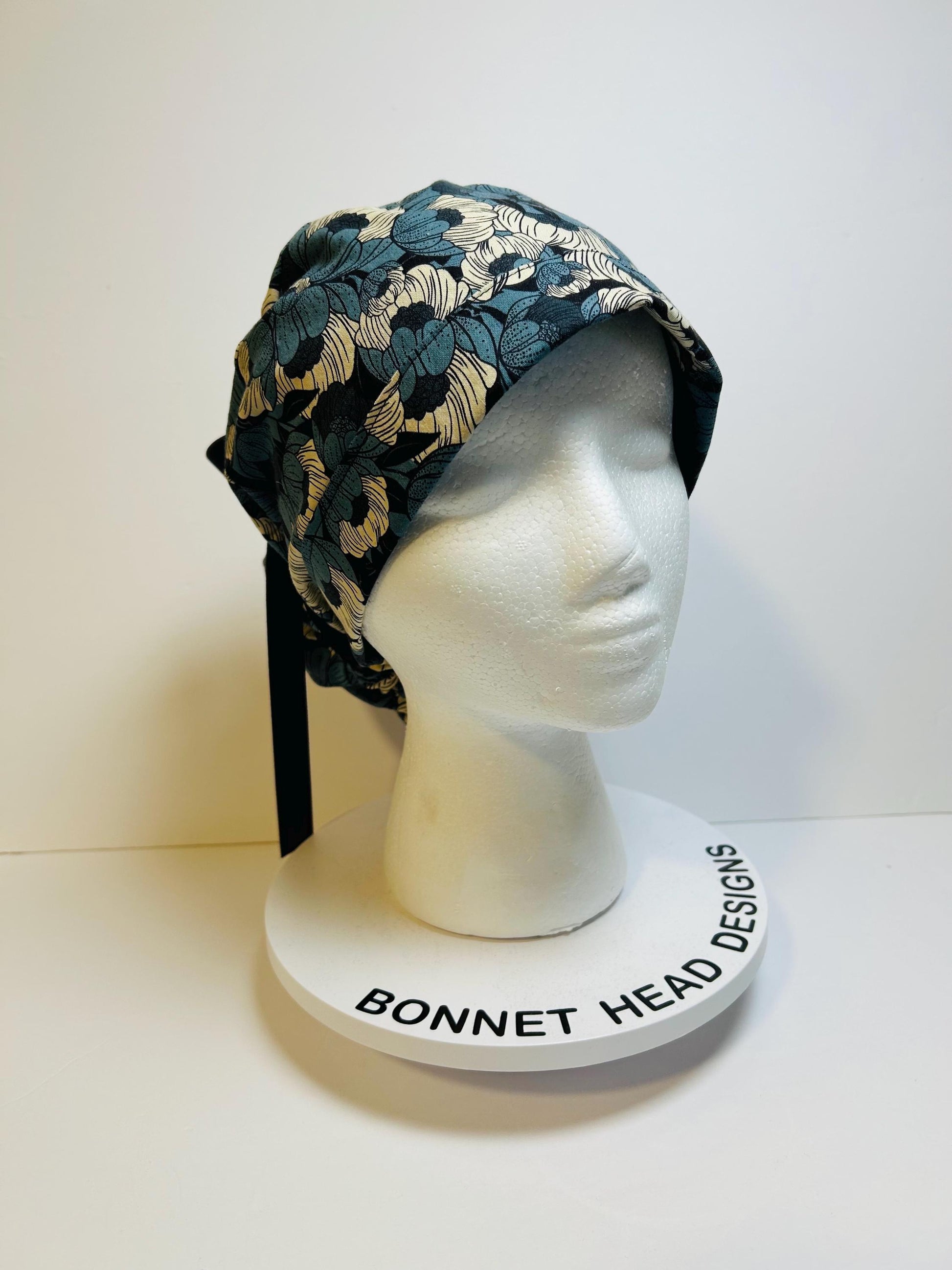 Wild Flora blue ponytail scrub hat, blue floral surgical hat with adjustable pouch, Bonnet Head Designs