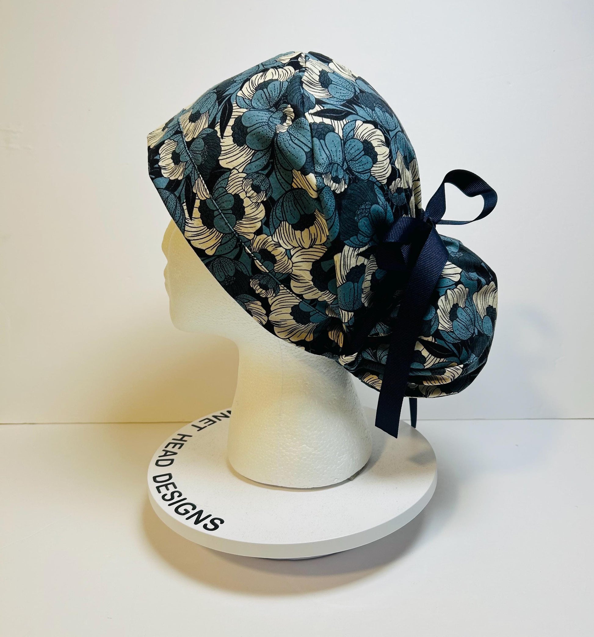 Wild Flora blue ponytail scrub hat, blue floral surgical hat with adjustable pouch, Bonnet Head Designs