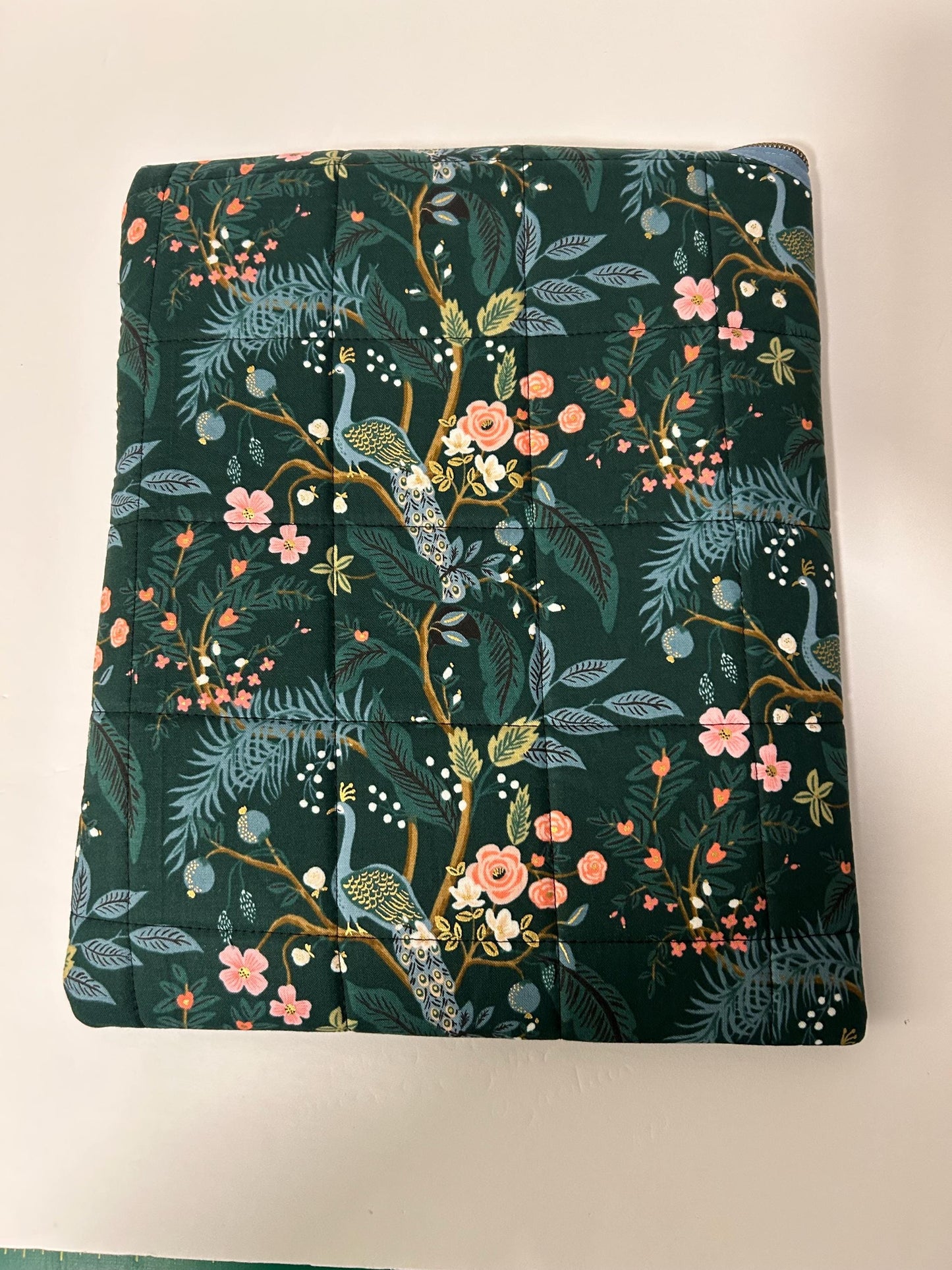 Rifle Paper Co peacock fabric soft tablet case with zipper, quilted book or iPad case metallic peacock fabric